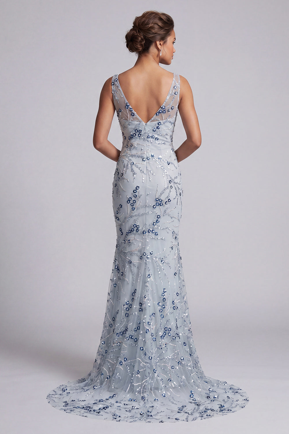 Sparkly Light Blue Long Beaded Mermaid Floral Mother of the Bride Dress