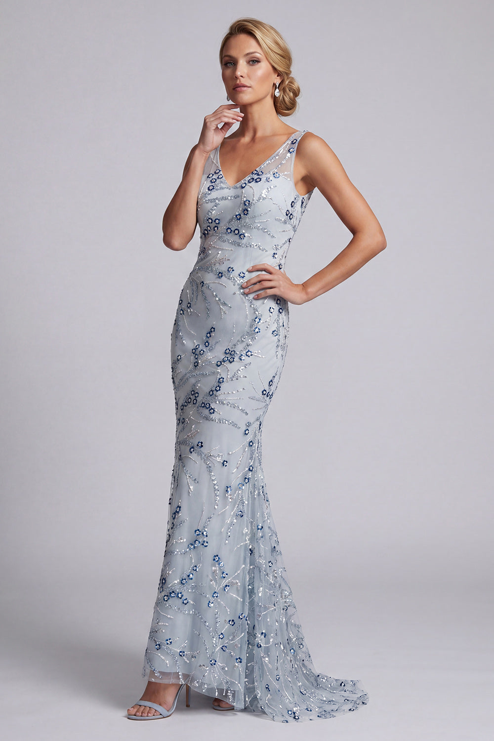 Sparkly Light Blue Long Beaded Mermaid Floral Mother of the Bride Dress