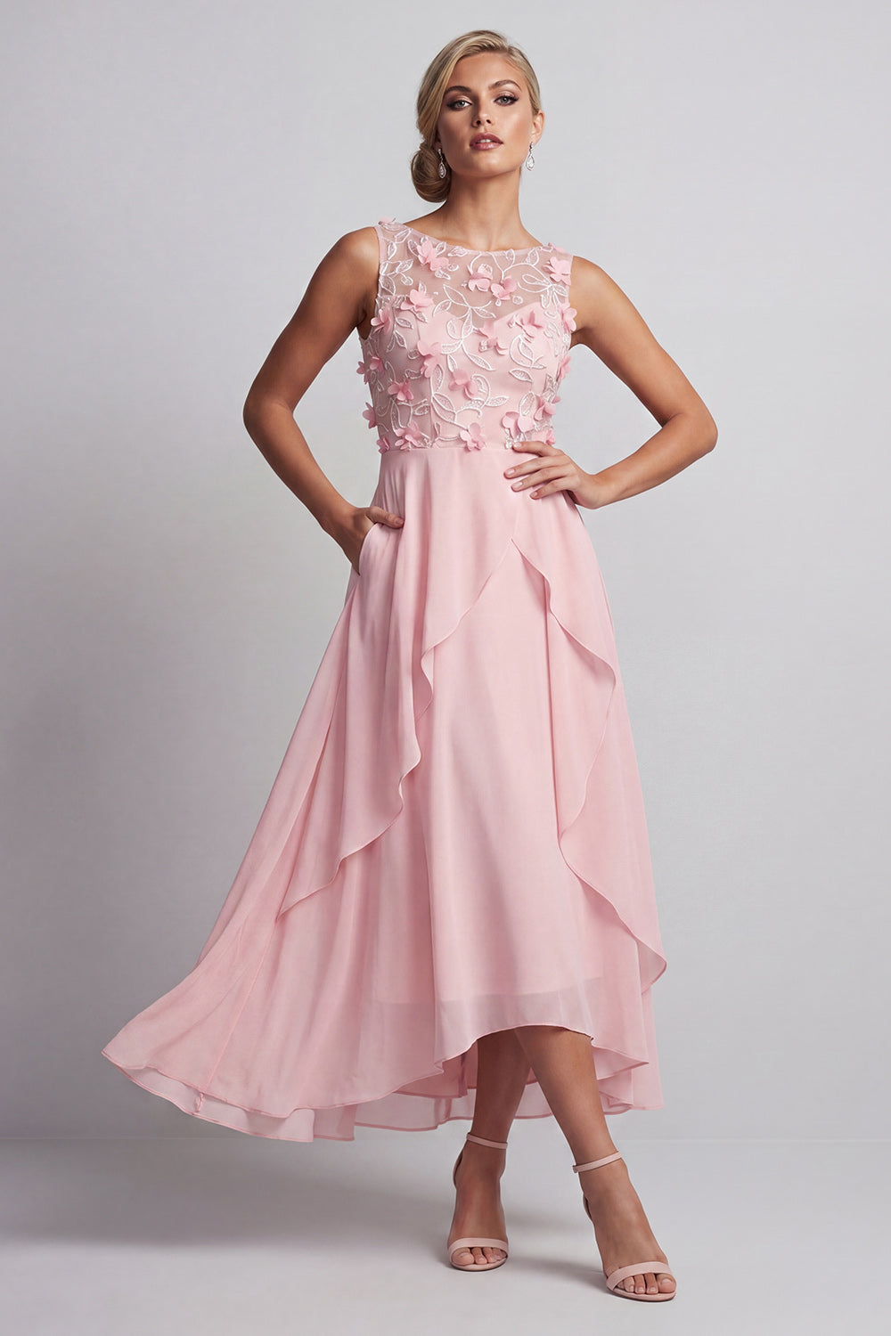 Pink Ruffled Beaded Long Floral Mother of the Bride Dress with Pockets
