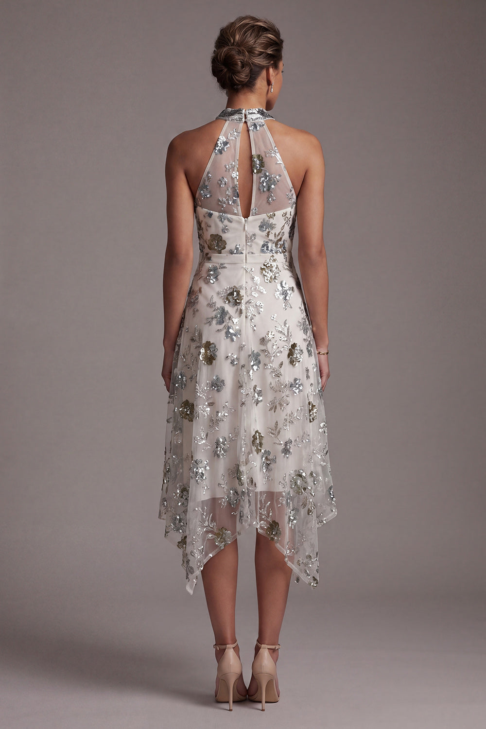 Sparkly Grey Blue A Line Beaded Asymmetrical Floral Mother of the Bride Dress