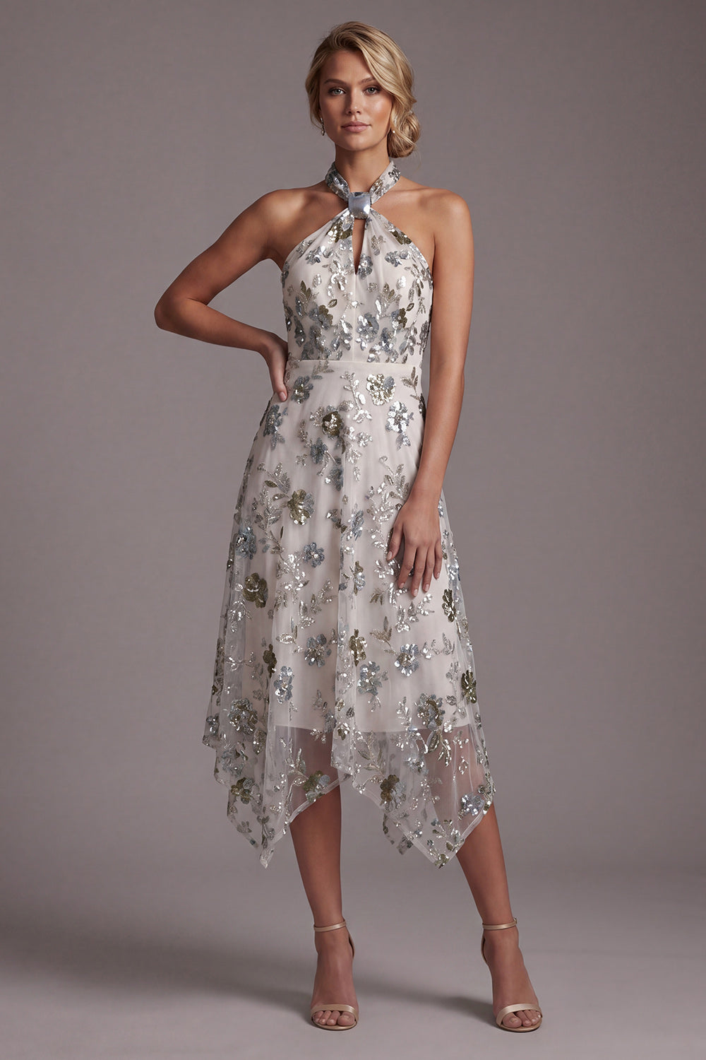 Sparkly Grey Blue A Line Beaded Asymmetrical Floral Mother of the Bride Dress
