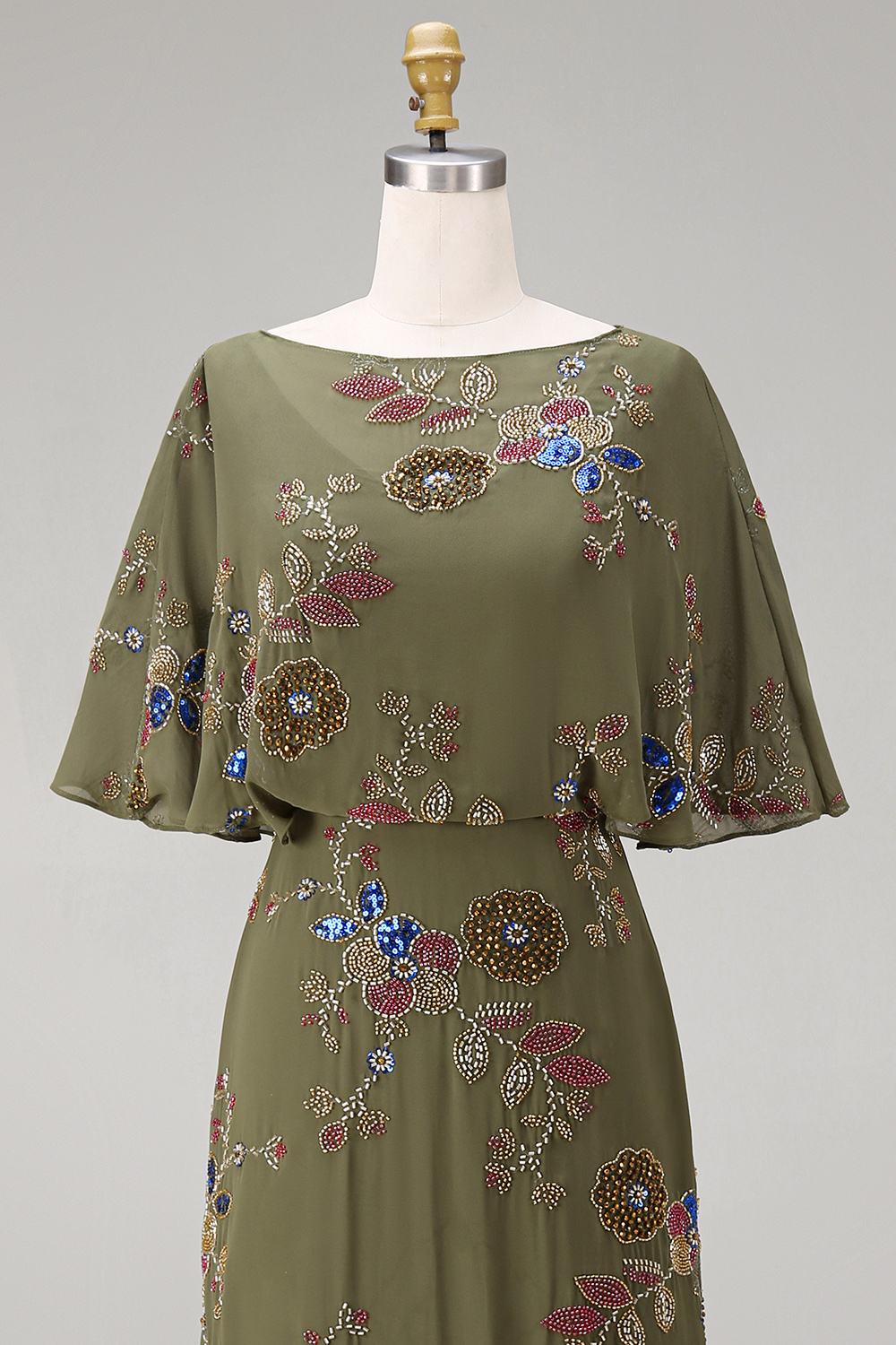 Olive Floral Beaded Mermaid Long Mother of the Bride Dress with Cape