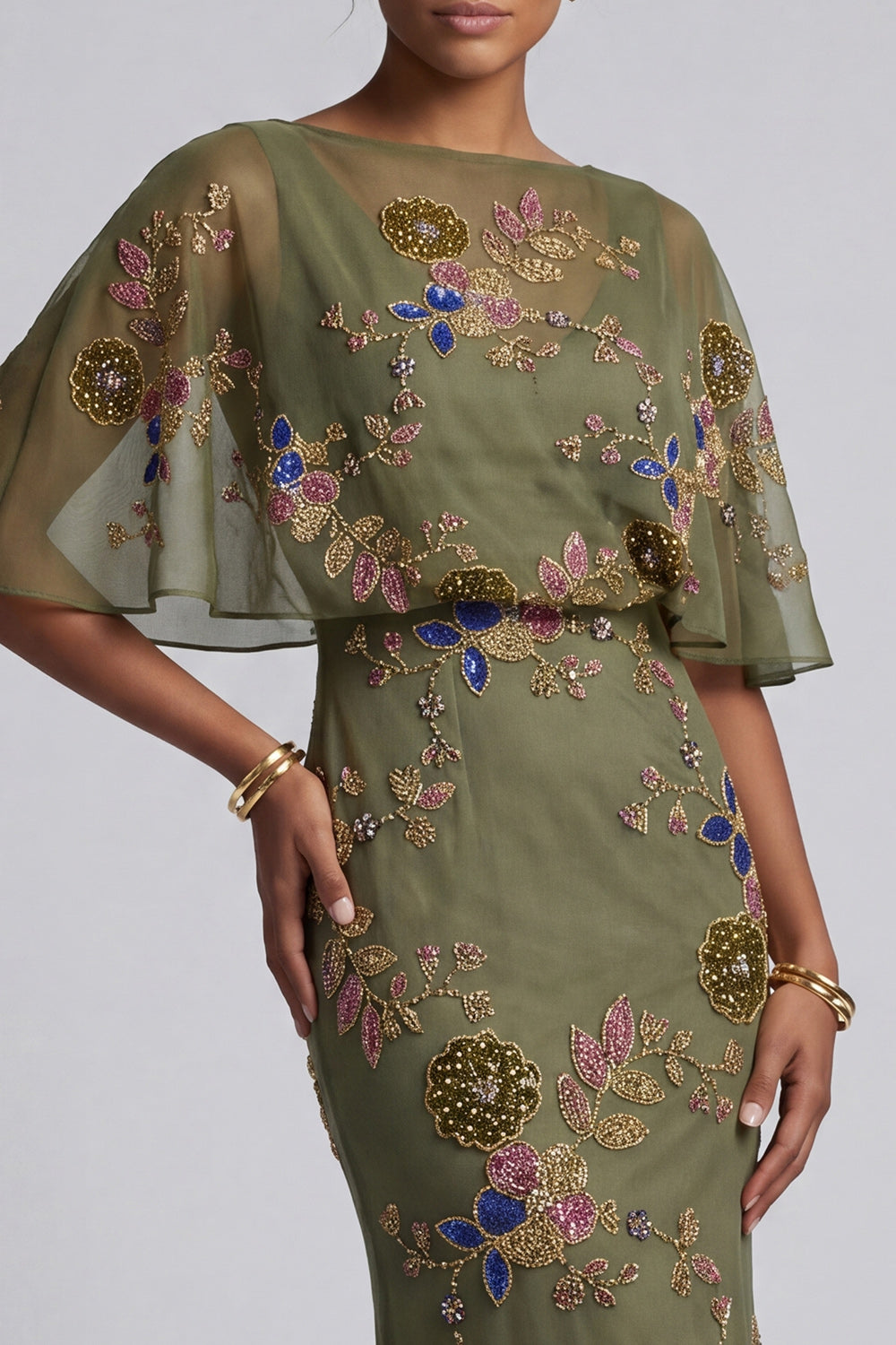 Olive Floral Beaded Mermaid Long Mother of the Bride Dress with Cape