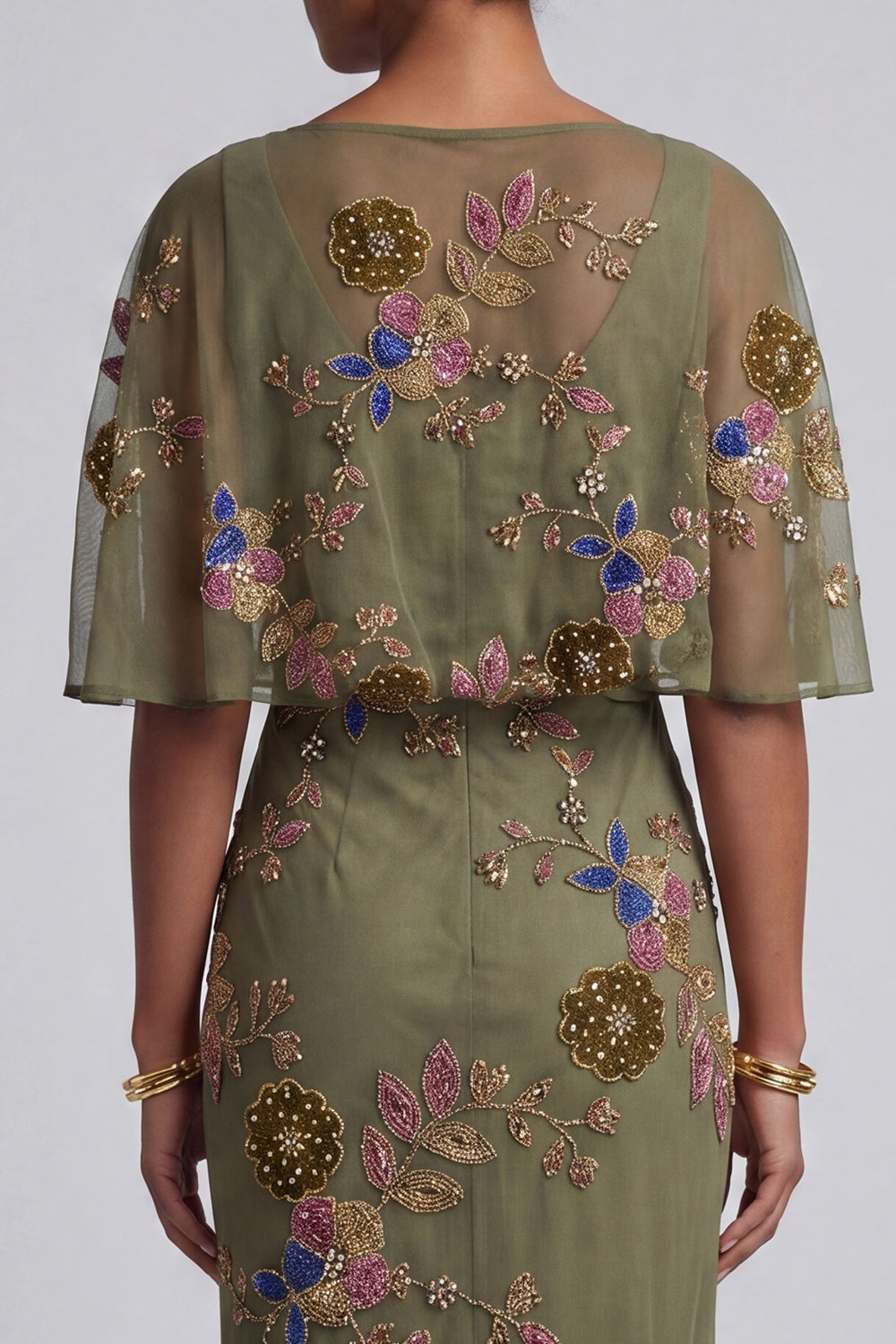 Olive Floral Beaded Mermaid Long Mother of the Bride Dress with Cape