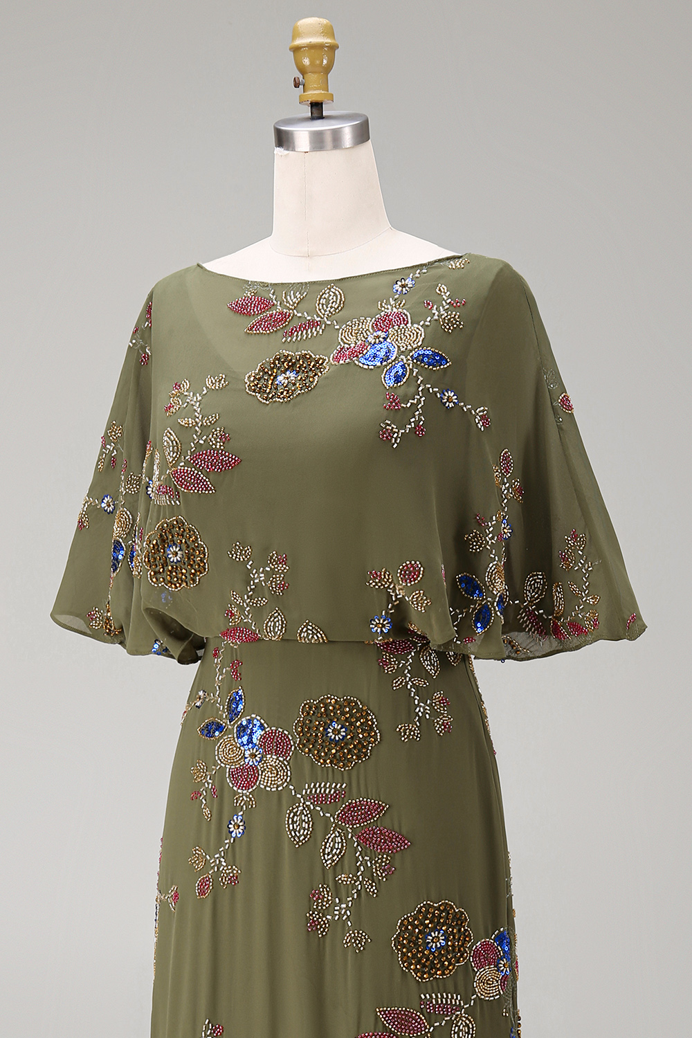 Olive Floral Beaded Mermaid Long Mother of the Bride Dress with Cape