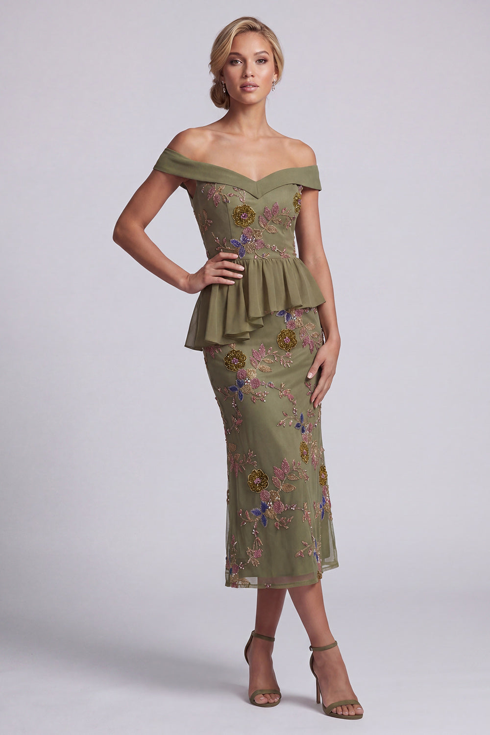 Olive Mermaid Beaded Long Floral Mother of the Bride Dress with Ruffles