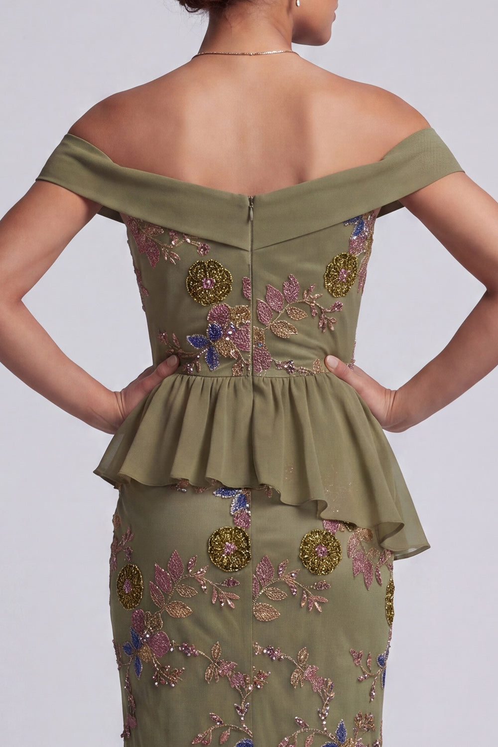 Olive Mermaid Beaded Long Floral Mother of the Bride Dress with Ruffles