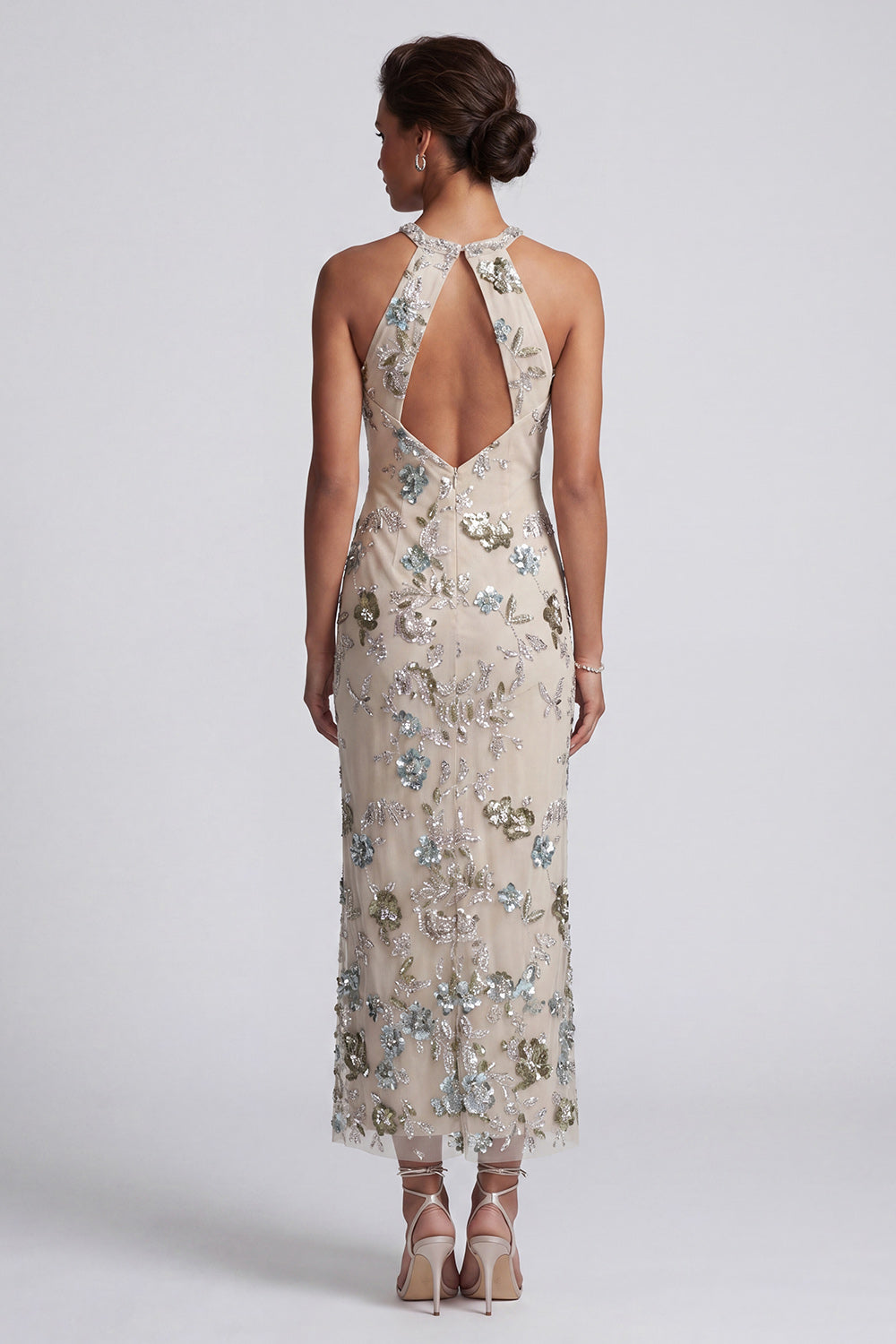 Sparkly Grey Blue Floral Sheath Long Beaded Mother of the Bride Dress with Keyhole