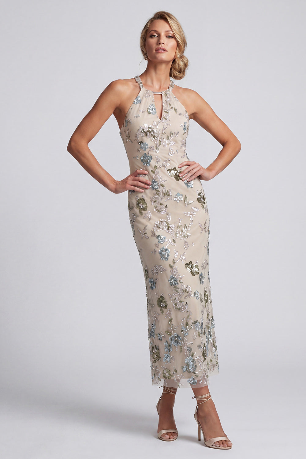 Sparkly Grey Blue Floral Sheath Long Beaded Mother of the Bride Dress with Keyhole