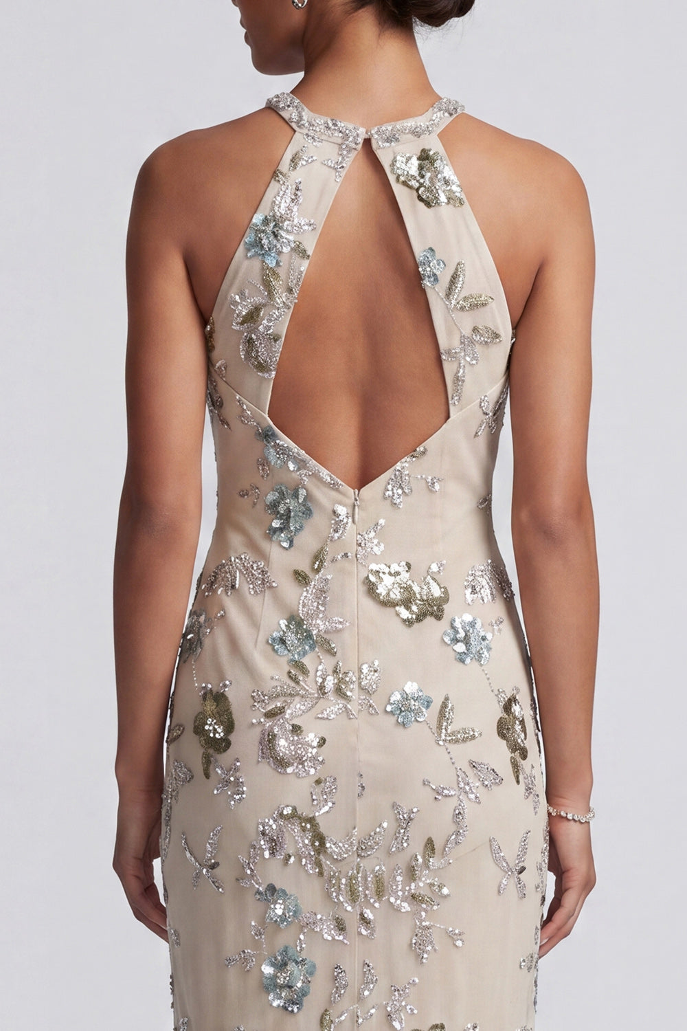 Sparkly Grey Blue Floral Sheath Long Beaded Mother of the Bride Dress with Keyhole