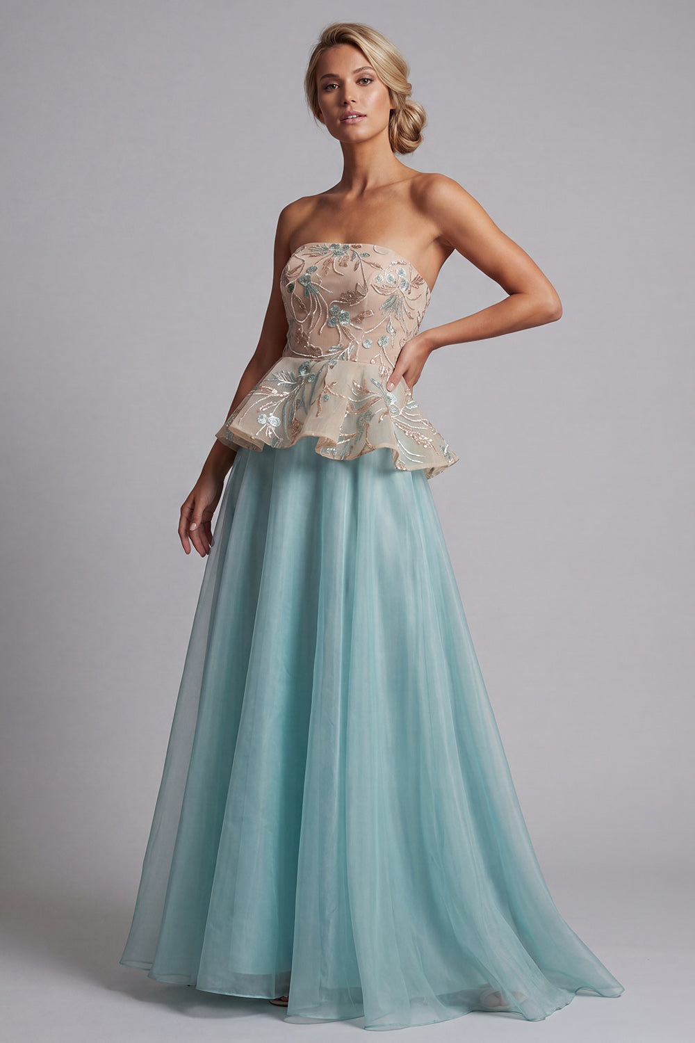Sparkly Lake Blue Long Beaded Floral Mother of the Bride Dress with Ruffles