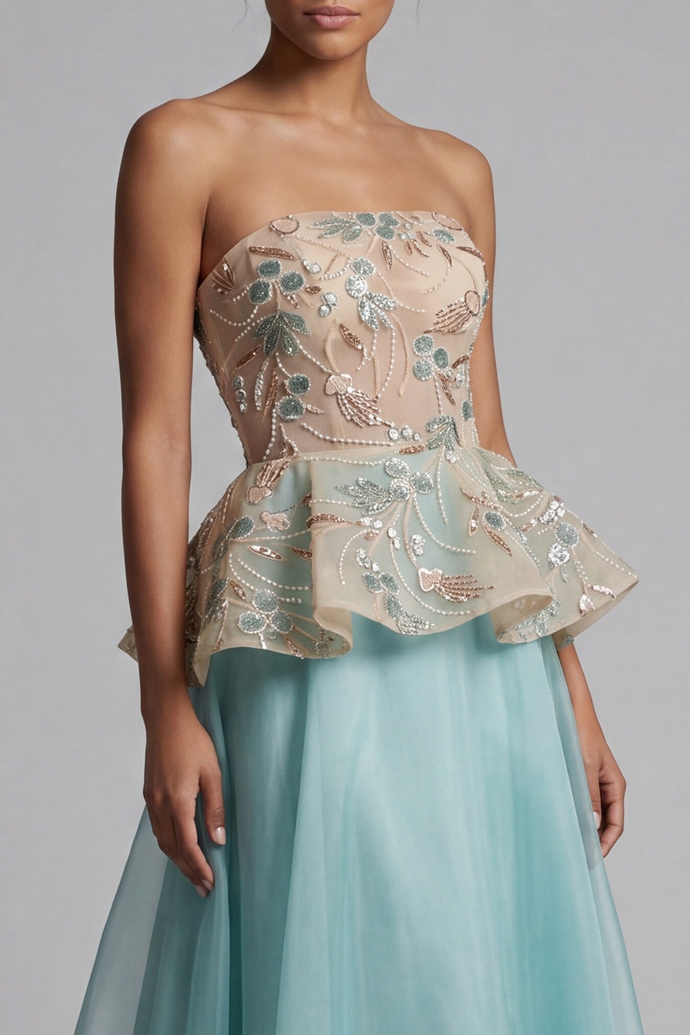 Sparkly Lake Blue Long Beaded Floral Mother of the Bride Dress with Ruffles