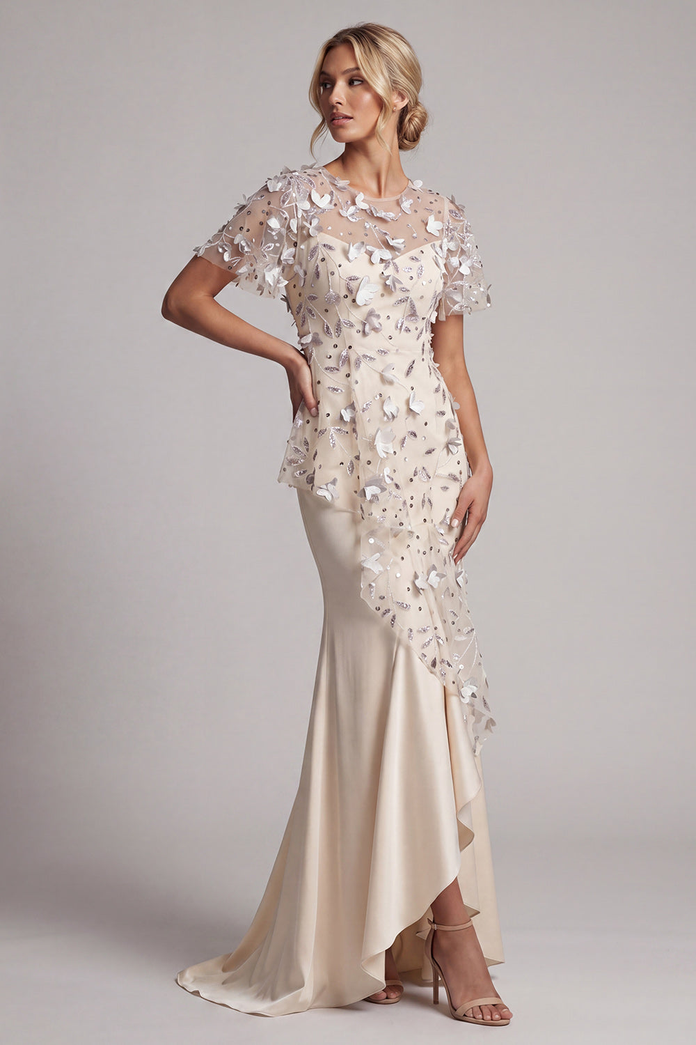 Apricot Floral Mermaid Beaded Long Mother of the Bride Dress with Ruffles