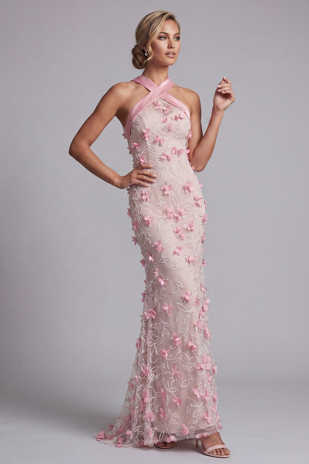 Pink Mermaid Halter Beaded Long Floral Mother of the Bride Dress