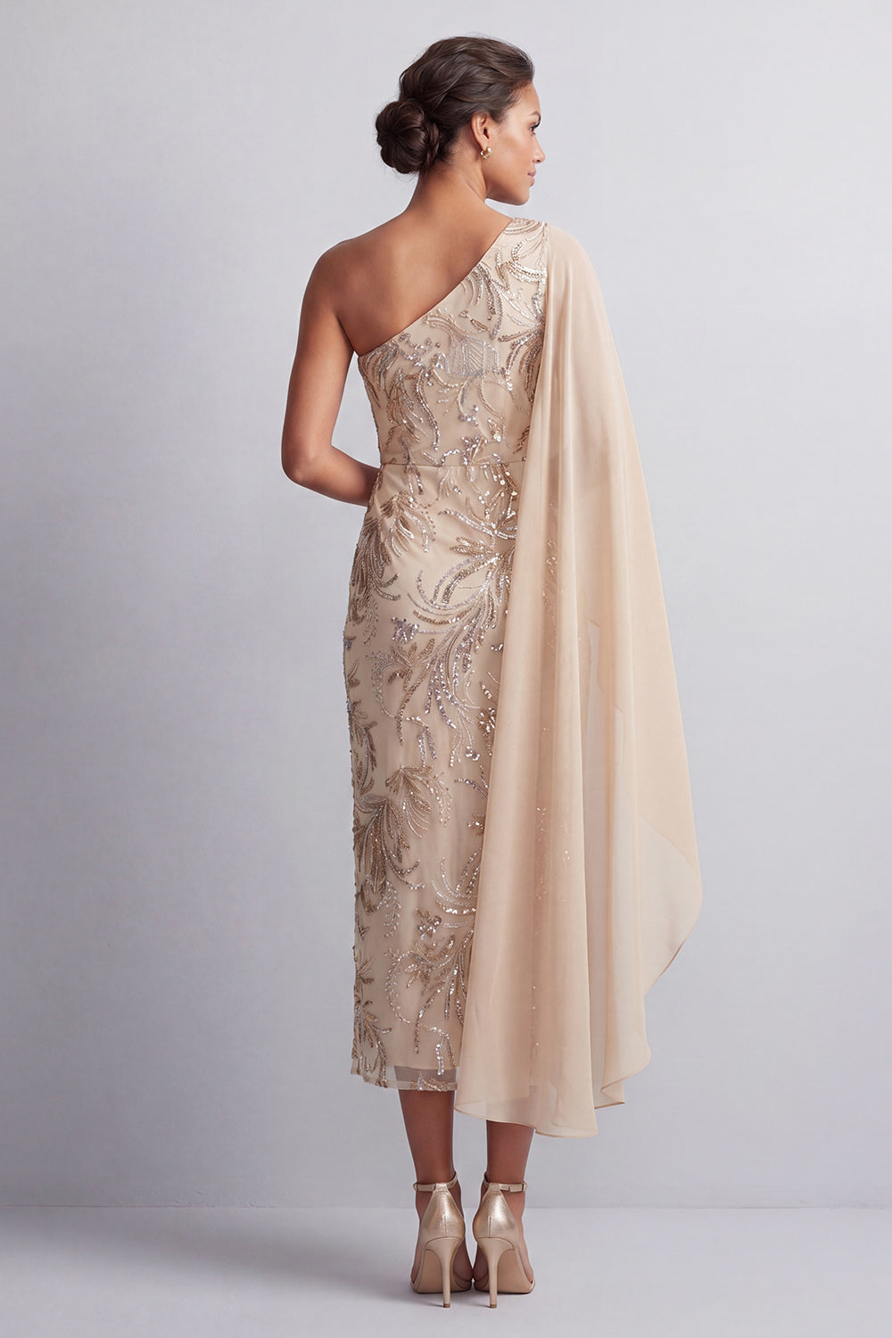 Sparkly Champagne Beaded Long Mother of the Bride Dress with Side Cape