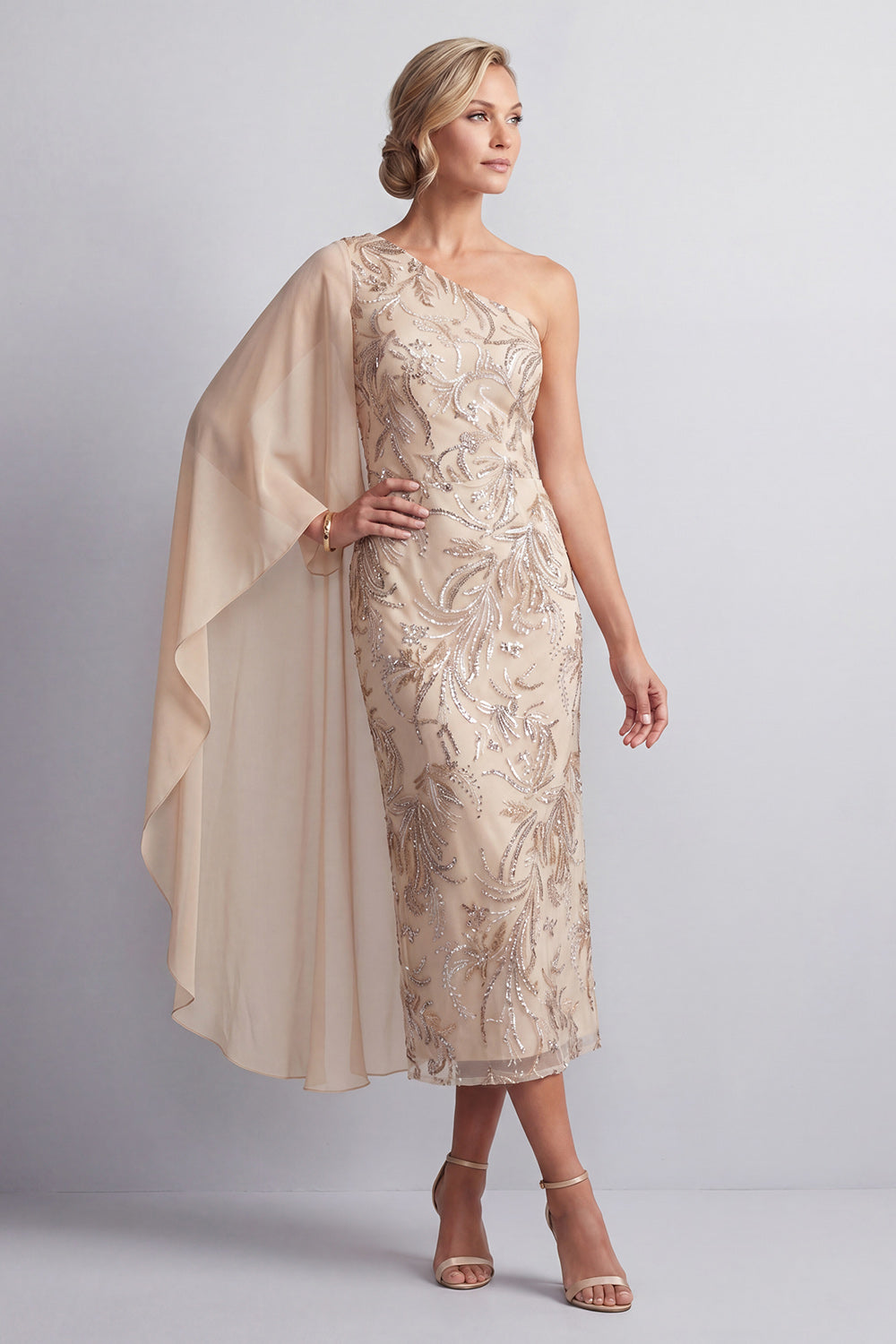 Sparkly Champagne Beaded Long Mother of the Bride Dress with Side Cape