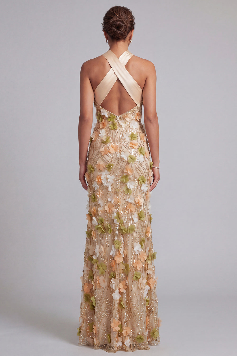 Sparkly Champagne Floral Beaded Long Mother of the Bride Dress with Slit