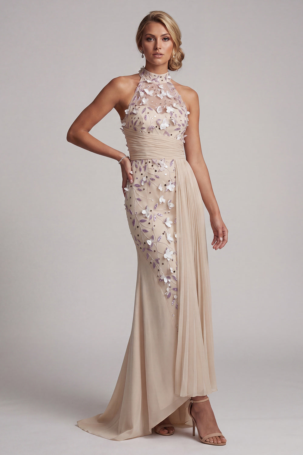 Apricot Beaded Mermaid Floral Long Mother of the Bride Dress with Side Cape