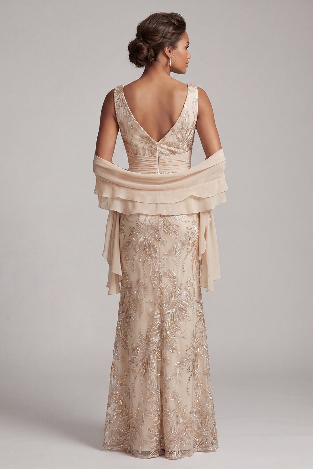 Sparkly Champagne Beaded V-Neck Long Floral Mother of the Bride Dress with Shawl
