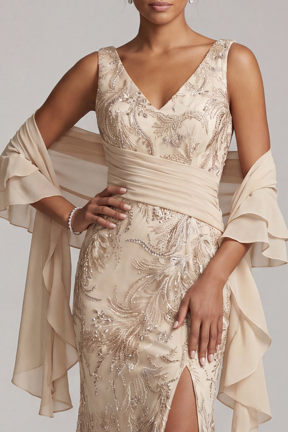 Sparkly Champagne Beaded V-Neck Long Floral Mother of the Bride Dress with Shawl