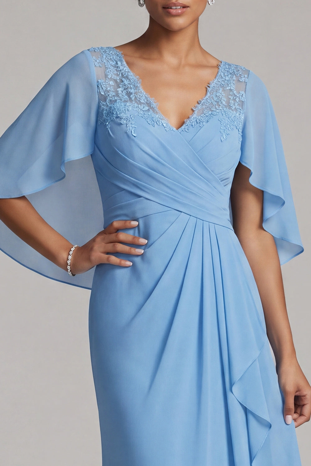 Sky Blue Mermaid V-Neck Long Mother of the Bride Dress with Ruffles