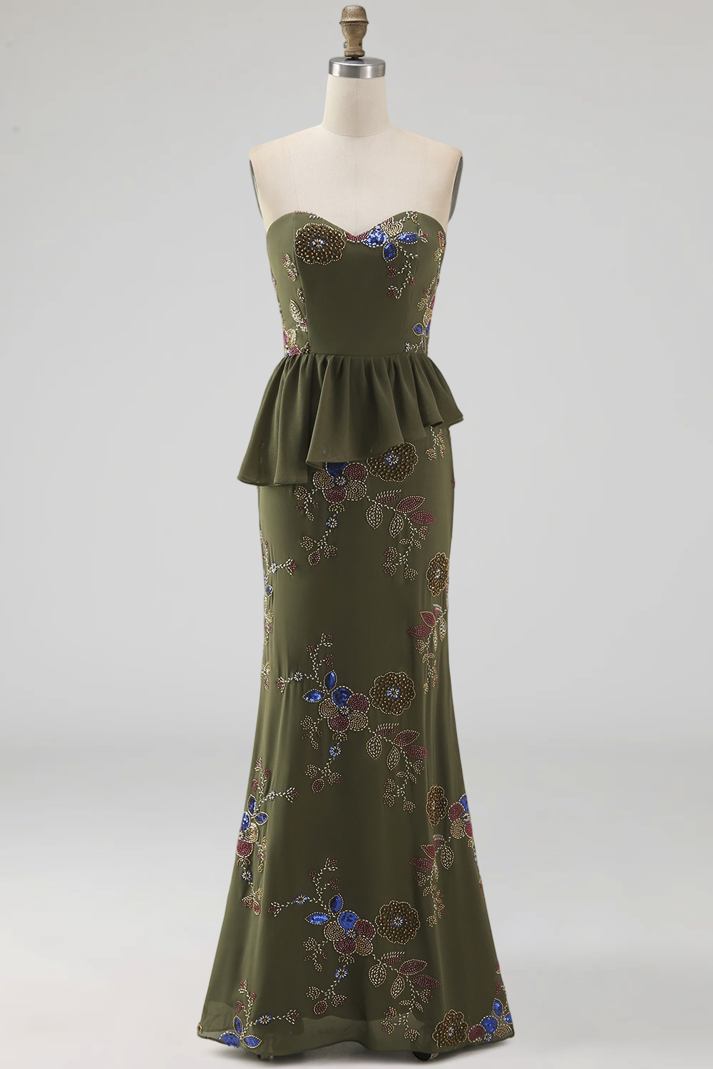 Olive Mermaid Strapless Beaded Long Floral Mother of the Bride Dress with Ruffles