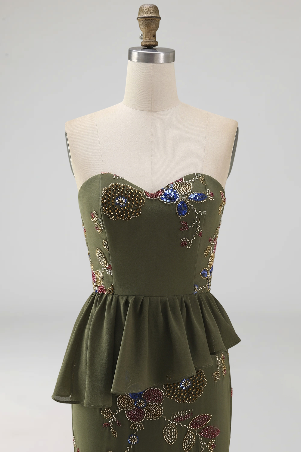 Olive Mermaid Strapless Beaded Long Floral Mother of the Bride Dress with Ruffles