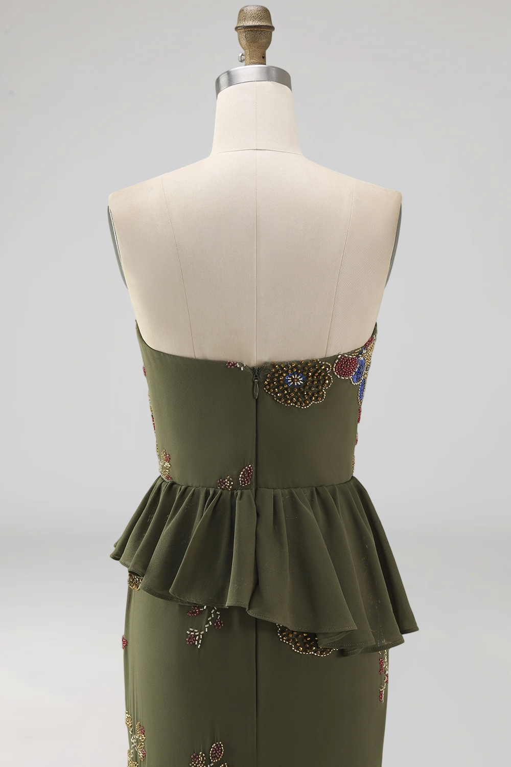 Olive Mermaid Strapless Beaded Long Floral Mother of the Bride Dress with Ruffles