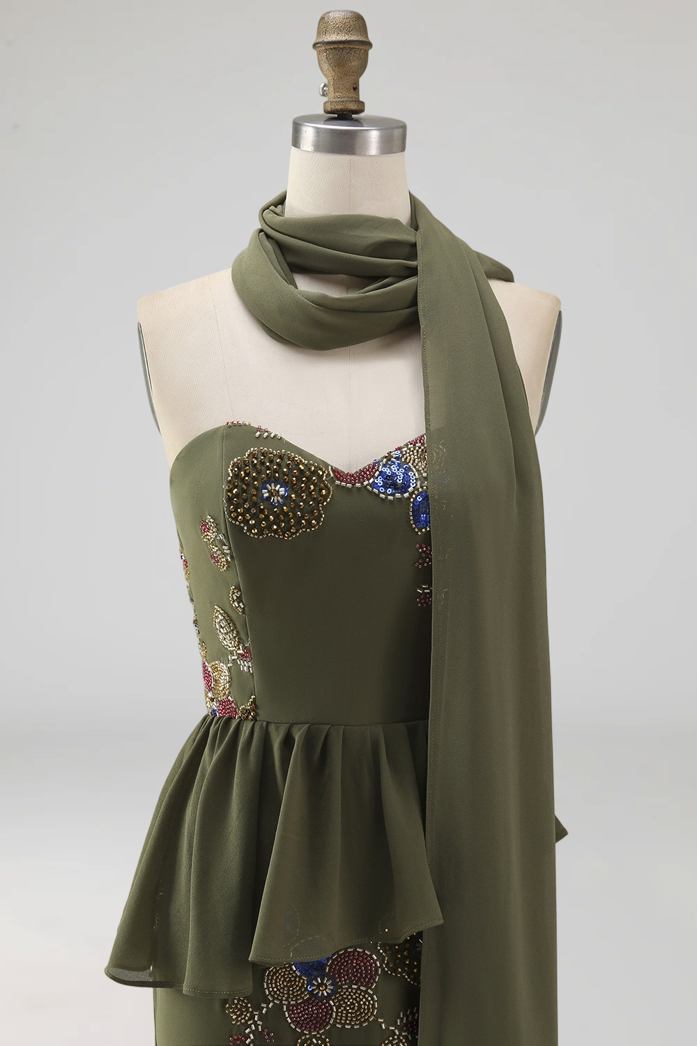 Olive Mermaid Strapless Beaded Long Floral Mother of the Bride Dress with Ruffles