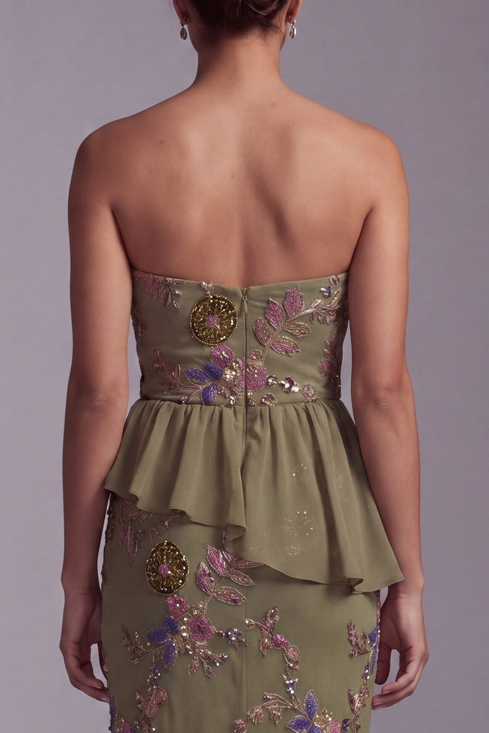 Olive Mermaid Strapless Beaded Long Floral Mother of the Bride Dress with Ruffles