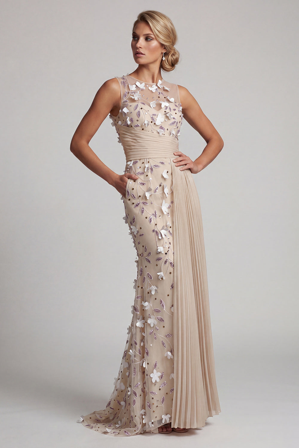 Apricot Floral Beaded Mermaid Long Mother of the Bride Dress with Pockets
