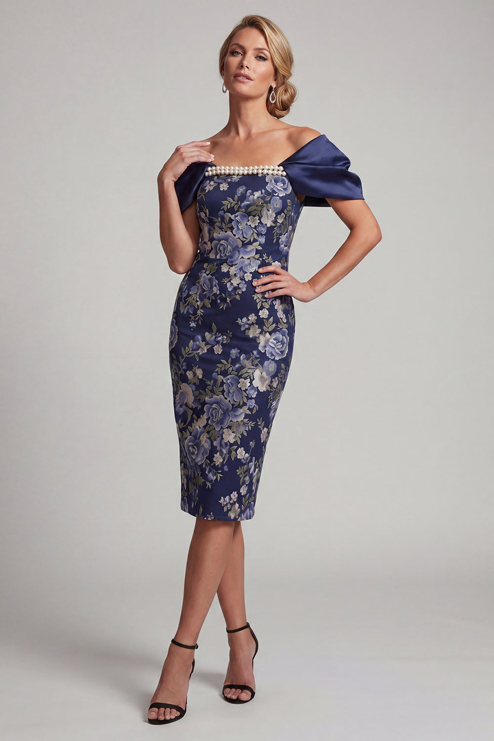 Floral Navy Bodycon Midi Mother of the Bride Dress with Pearls