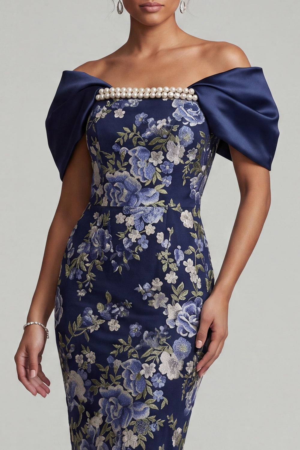 Floral Navy Bodycon Midi Mother of the Bride Dress with Pearls