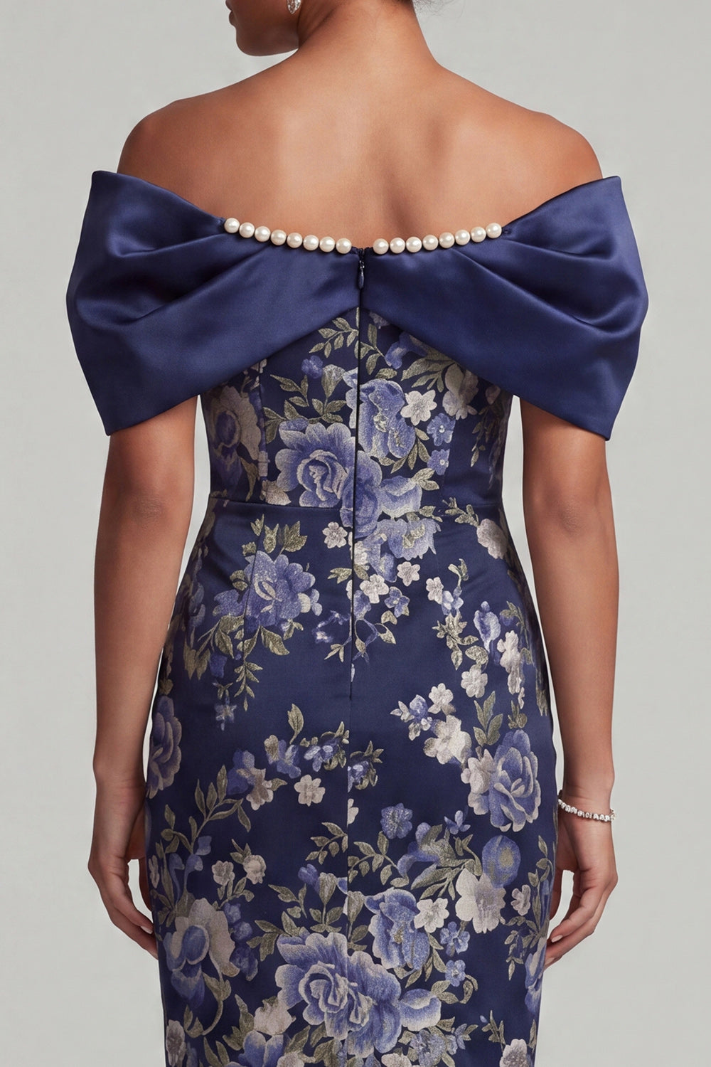 Floral Navy Bodycon Midi Mother of the Bride Dress with Pearls