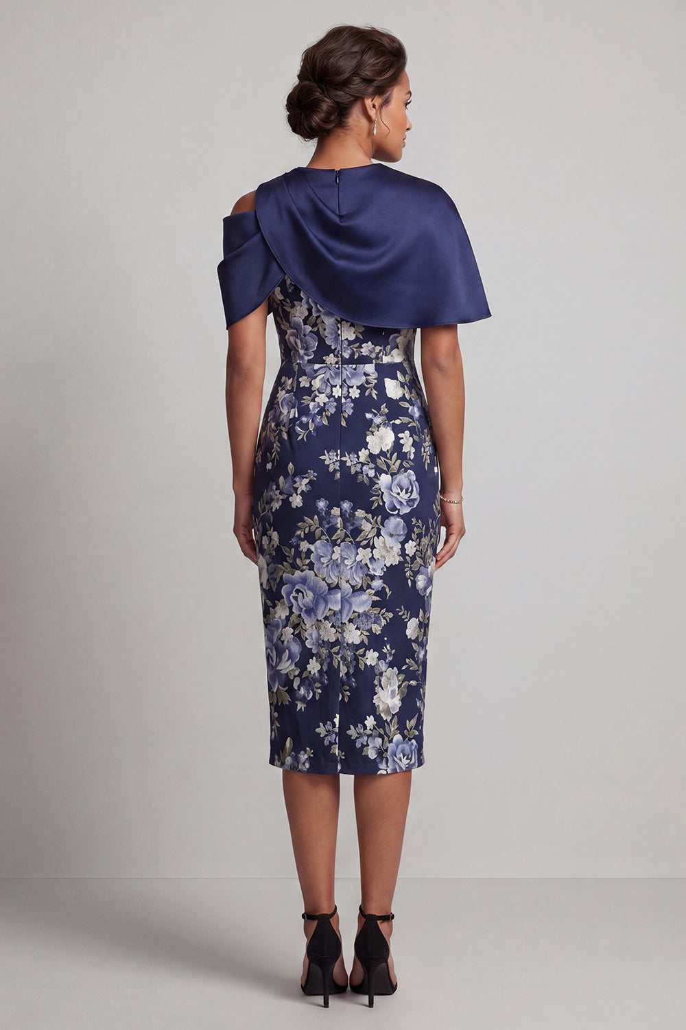 Floral Navy Midi Bodycon Mother of the Bride Dress with Cape
