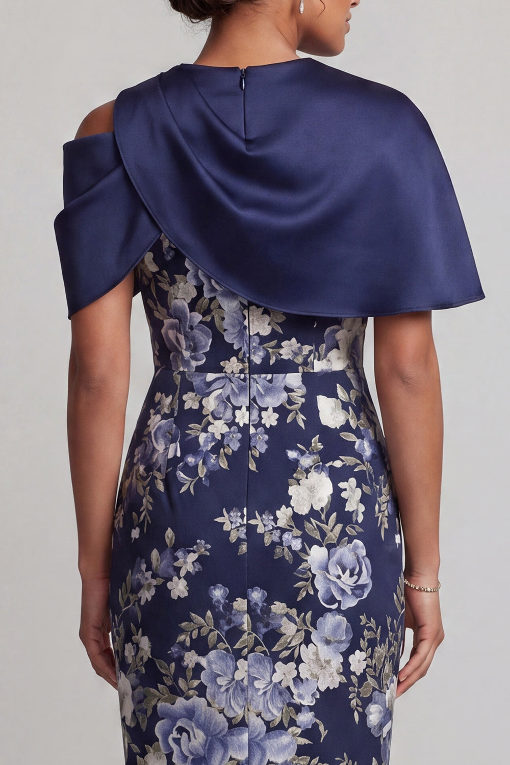 Floral Navy Midi Bodycon Mother of the Bride Dress with Cape