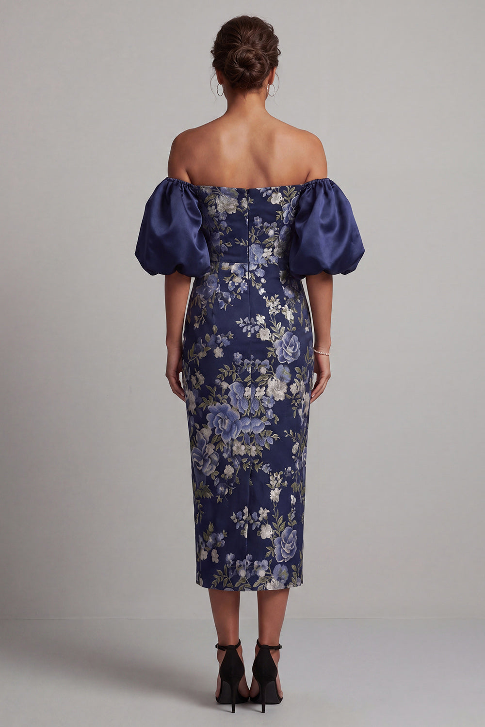Floral Navy Long Puff Sleeves Sheath Mother of the Bride Dress
