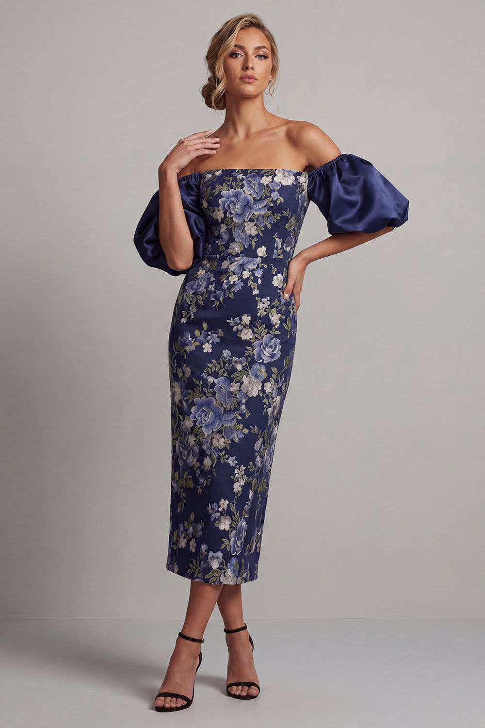 Floral Navy Long Puff Sleeves Sheath Mother of the Bride Dress
