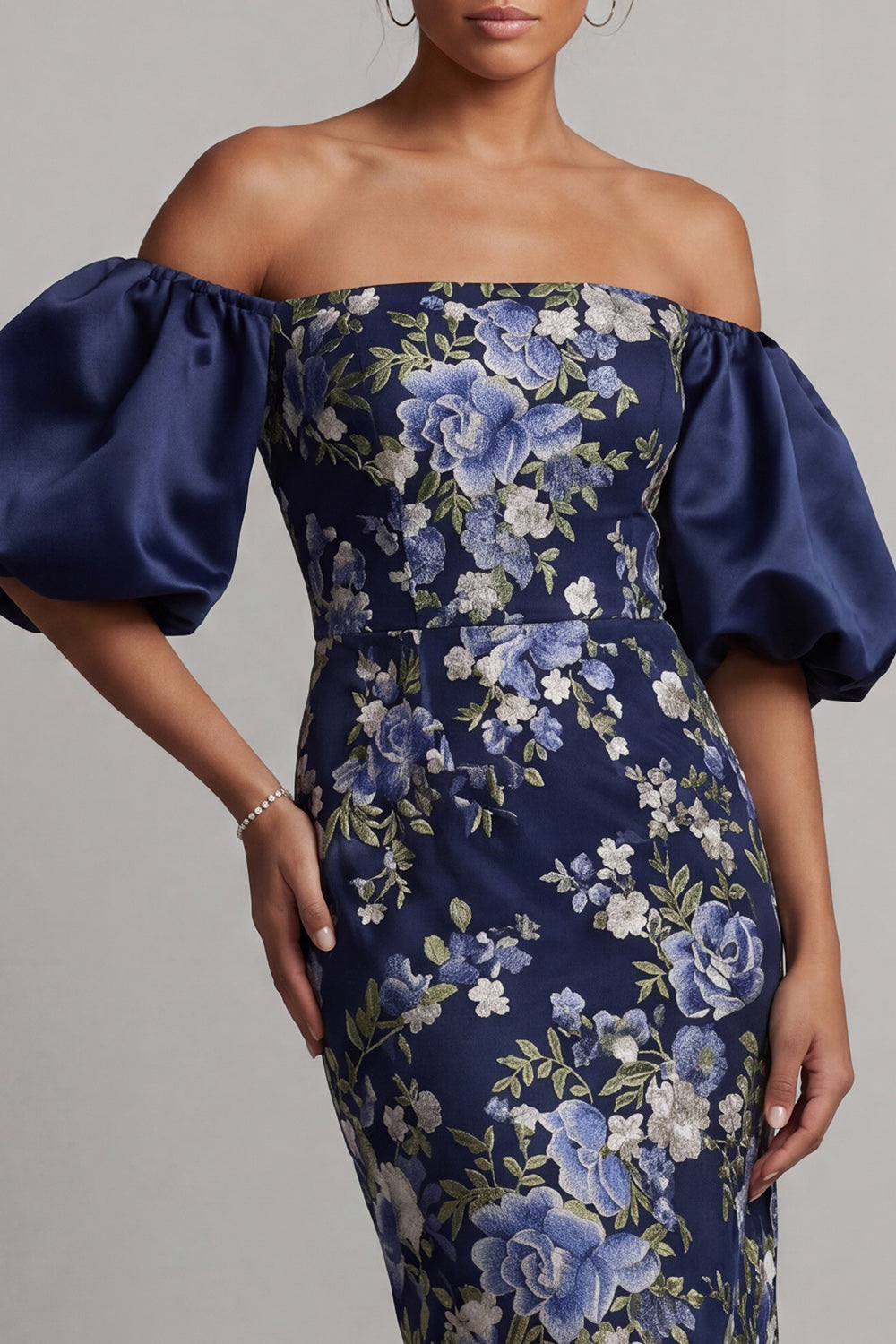 Floral Navy Long Puff Sleeves Sheath Mother of the Bride Dress