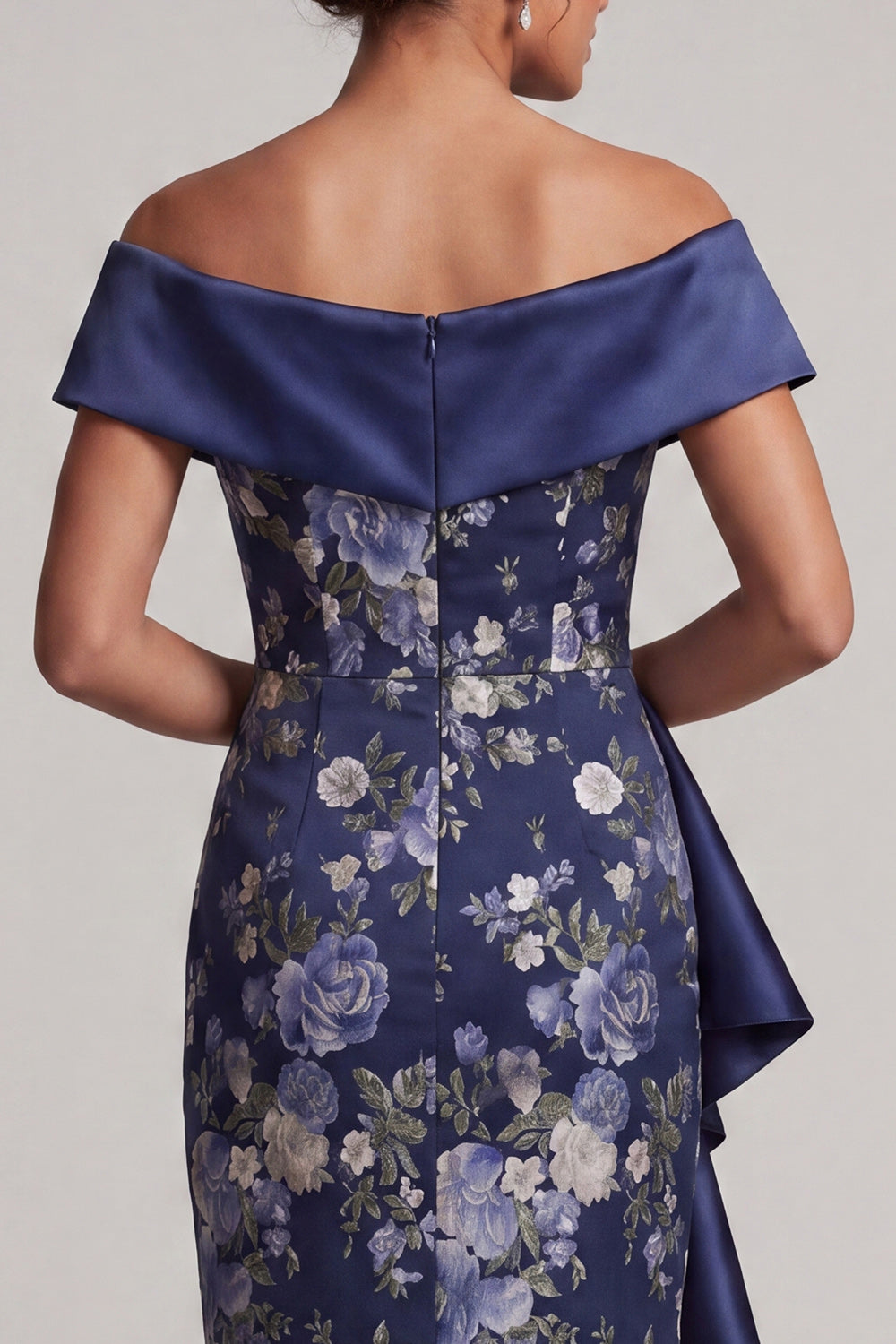 Off the Shoulder Ruffled Floral Sheath Navy Long Mother of the Bride Dress