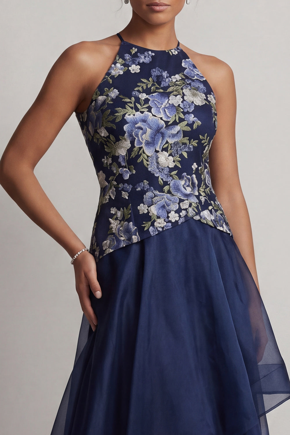 Navy High Low A Line Halter Floral Mother of the Bride Dress
