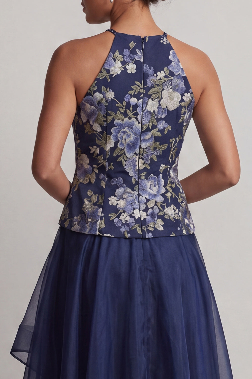 Navy High Low A Line Halter Floral Mother of the Bride Dress