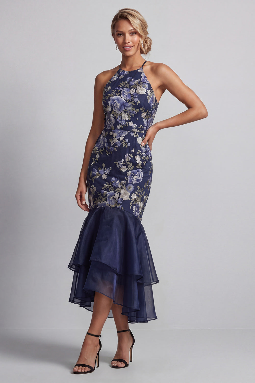 Navy Mermaid Halter Floral Long Mother of the Bride Dress with Ruffles