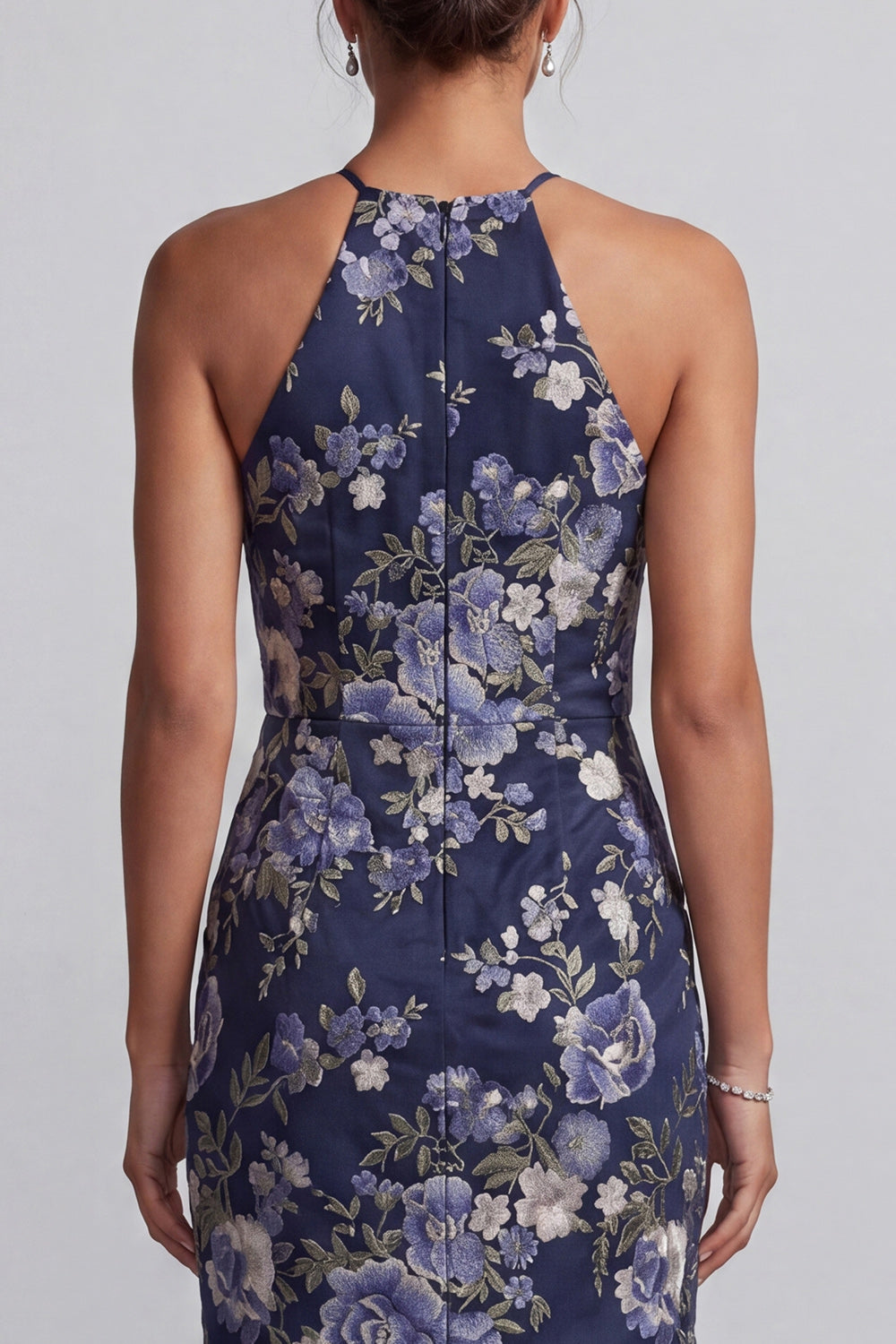 Navy Mermaid Halter Floral Long Mother of the Bride Dress with Ruffles