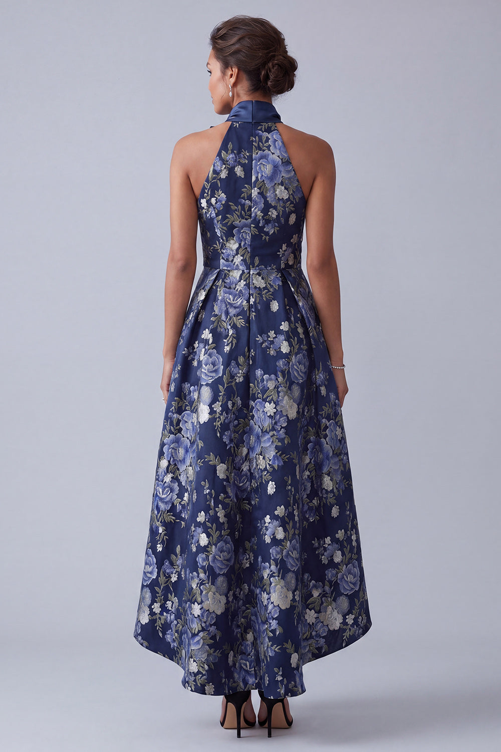Navy A Line Floral High Neck High Low Mother of the Bride Dress