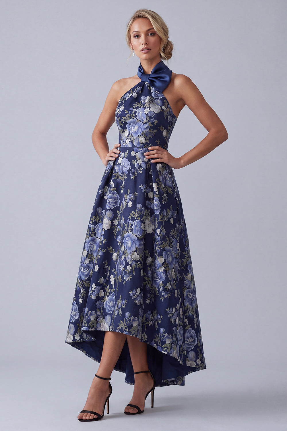 Navy A Line Floral High Neck High Low Mother of the Bride Dress