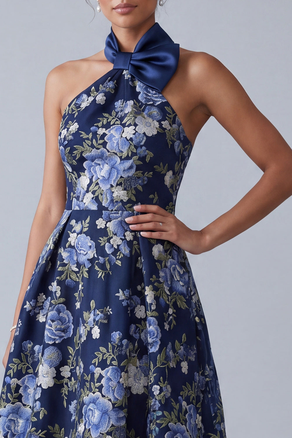 Navy A Line Floral High Neck High Low Mother of the Bride Dress