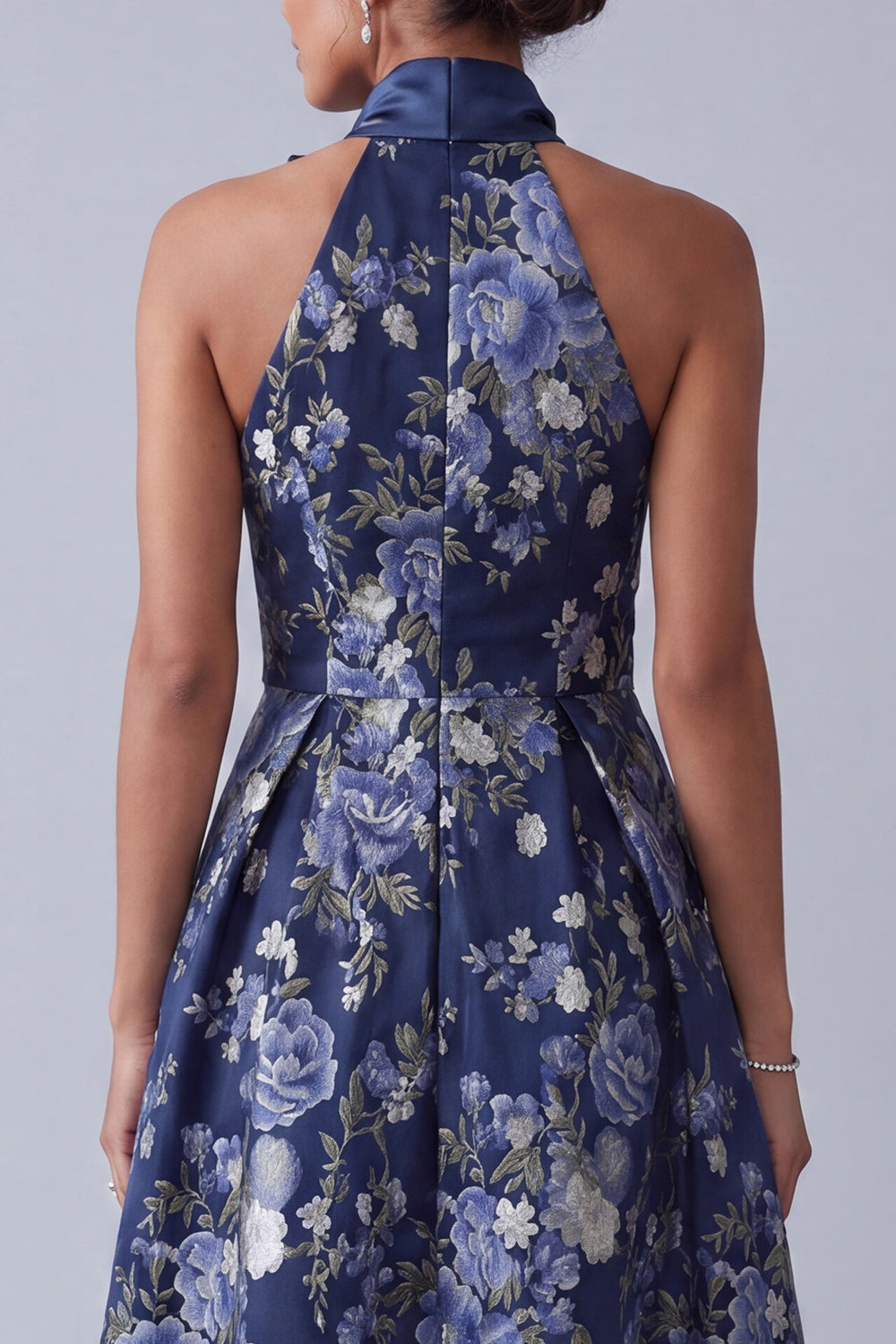 Navy A Line Floral High Neck High Low Mother of the Bride Dress
