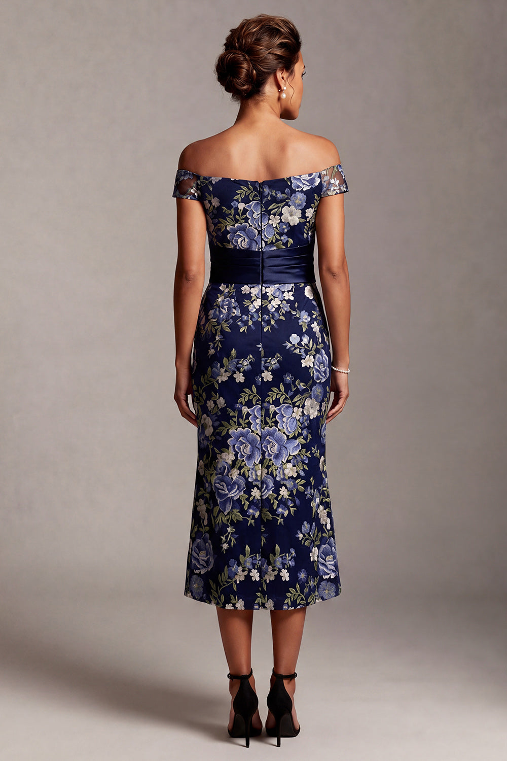 Navy Mermaid Off the Shoulder Floral Long Mother of the Bride Dress with Sash