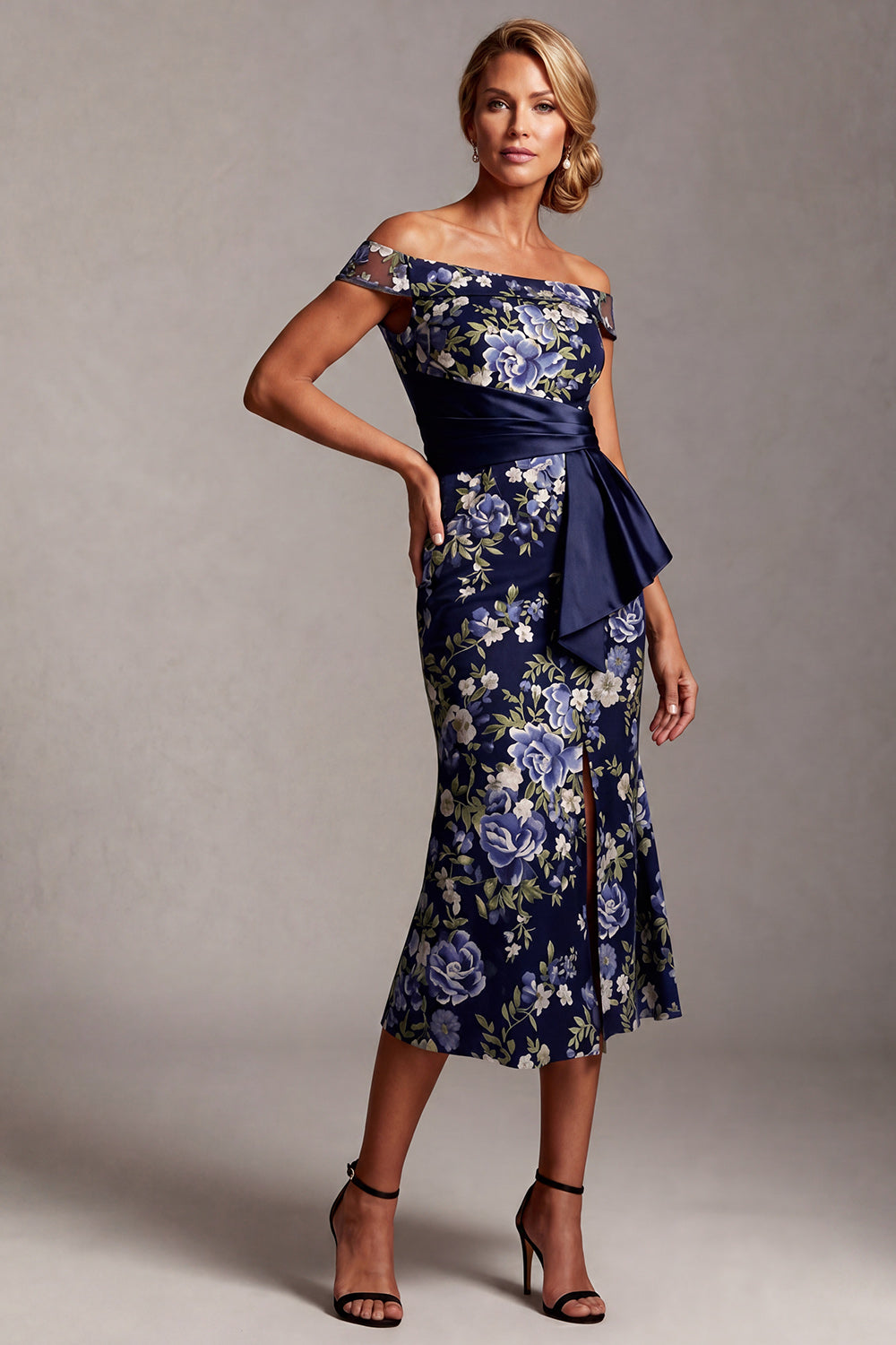 Navy Mermaid Off the Shoulder Floral Long Mother of the Bride Dress with Sash